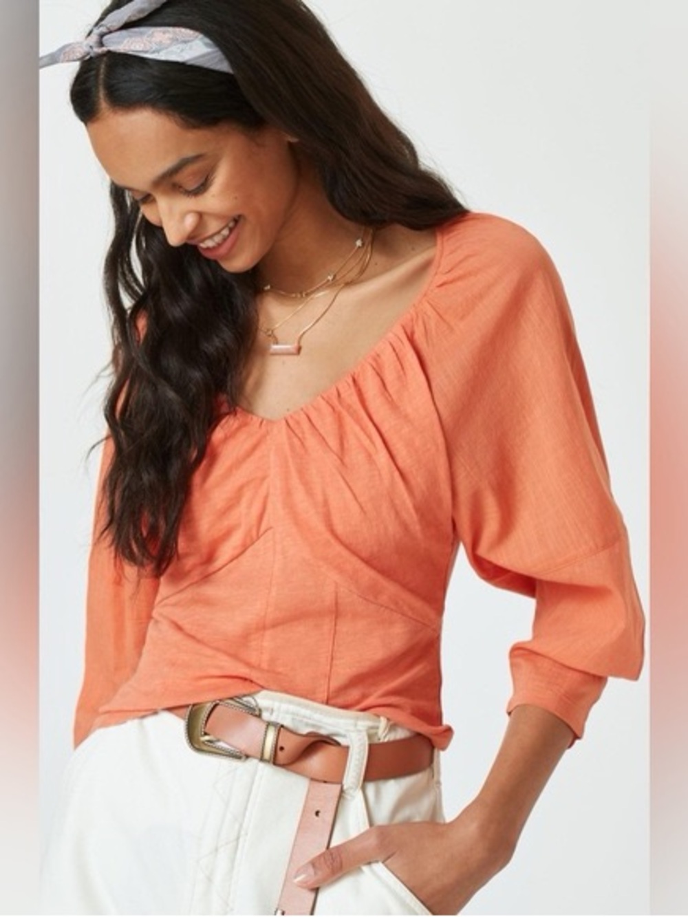 Anthropologie Gathered Scoop Neck Blouse in Coral Orange (L)